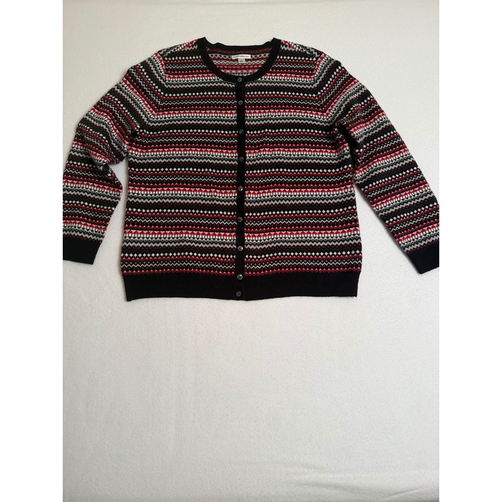 Croft & Barrow Womens Red Black Fair Isle Knit Button Front Cardigan Sweater L
